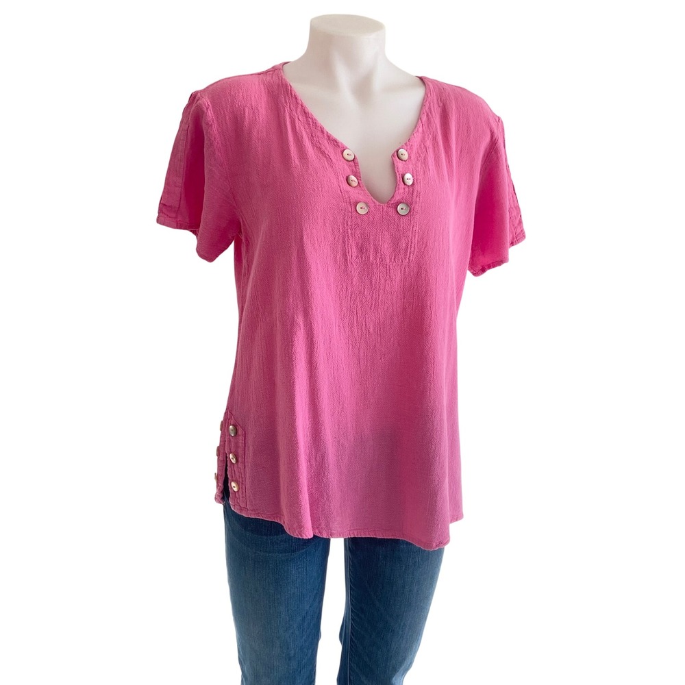 Cottonways Pink Cotton Gauze Short Sleeve Button Accent Top Blouse Size 1